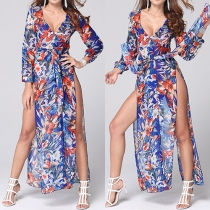 Sexy Deep V-neck Printed Irregular Hem Long Sleeve Maxi Dress