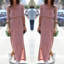 Trendy V-neck Printed Split Hem Gathered Waist Maxi Dress