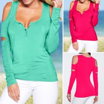 Sexy Solid Color V-neck Cold Shoulder Slim-fitting T-shirt