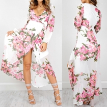 Sweet Deep V-neck Long Sleeve Printed Irregular Hem Dress