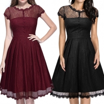 Elegant Solid Color Round Neck Short Sleeve Backless Lace Dress