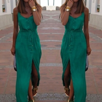 Sexy Solid Color Round Neck Gathered Waist Button Down Sling Maxi Dress