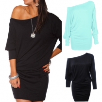 Sexy Solid Color Oblique Shoulder Half Sleeve Loose-fitting Dress