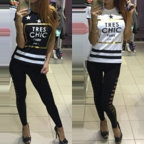 Fashion Round Neck Stars Letters Stripes Printed Short Sleeve T-shirt