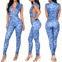 Sexy Deep V-neck Sleeveless Printed High Waist Jumpsuit