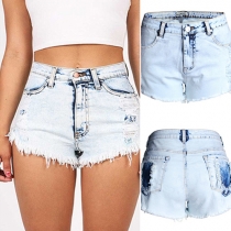Distressed Style High Waist Ripped Denim Shorts