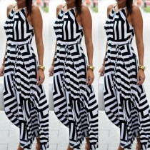 Fashion Geometric Printed Sleeveless Backless Gathered Waist Sling Maxi Dress