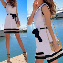 Elegant Contrast Color Round Neck Sleeveless Chiffon Dress with Waist Strap