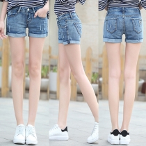 Fashion Zip Fly Cuffed Hem Denim Shorts