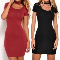 Sexy Solid Color Choker Neckline Short Sleeve Bodycon Dress