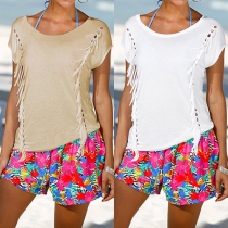 Fashion Solid Color Round Neck Short Sleeve Tassel T-shirt