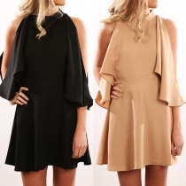 Sexy Solid Color Mock Neck Cold Shoulder Bat Sleeve Loose-fitting Dress