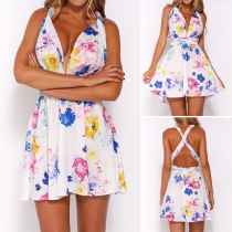Sexy Deep V-neck Sleeveless Printed Cross Back Gathered Waist Dress