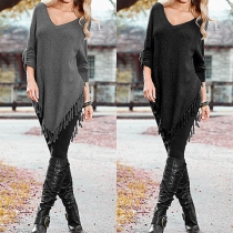 Fashion Solid Color V-neck Button-Tab Sleeve Irregular Tassel Hem T-shirt