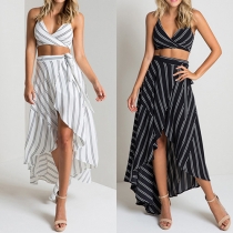Sexy V-neck Cross Back Striped Sling Crop Tops