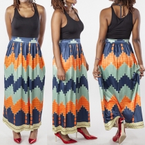 Fashion Round Neck Sleeveless Printed Gathered Waist Maxi Dress