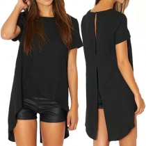 Trendy Solid Color Round Neck Short Sleeve Back Slit High-low Tops