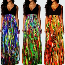 Sexy V-neck Sleeveless Colorful Printed Maxi Dress