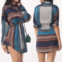 Fashion Long Sleeve Gathered Waist Printed Shirt Dress