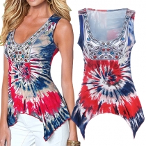 Sexy U-neck Sleeveless Irregular Hem Colorful Printed Tops