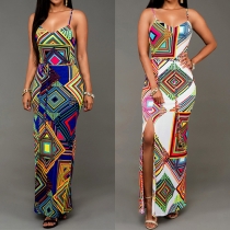 Sexy Backless Slit Hem Printed Sling Maxi Dress