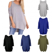 Sexy Off-shoulder Half Sleeve Round Neck Irregular Hem Loose T-shirt