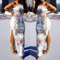 Fashion Sleeveless Round Neck Slit Hem Printed Maxi Dress