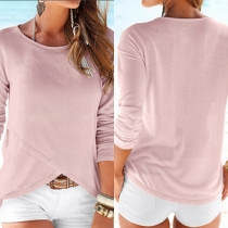 Fashion Solid Color Long Sleeve Round Neck Irregular Hem T-shirt