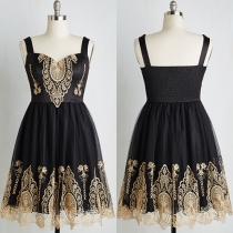 Retro Style V-neck Sleeveless Backless Embroidered Sling Dress