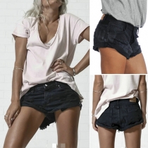 Distressed Style Cuffed Hem Ripped Low-waist Denim Shorts
