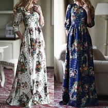 Elegant Printed Round Neck 3/4 Sleeve Floor-length Dress