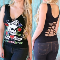 Fashion Skull Printed V-neck Sleeveless Hollow Out T-shirt