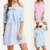 Sweet Bowknot Off Shoulder Half Sleeve Striped Dress
