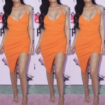 Sexy Solid Color V-neck Backless Irregular Hem Sling Dress