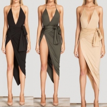 Sexy Solid Color Deep V-neck Sleeveless Backless Irregular Hem Sling Dress