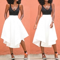 Sexy Deep V-neck Hollow Out lace-up Contrast Color Irregular Hemline Dress