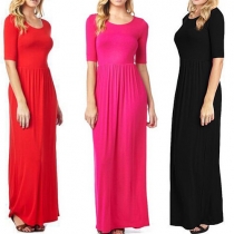 Elegant Solid Color Round Neck Half Sleeve Maxi Dress