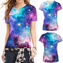 Fashion Starry Sky Printed Round Neck Short Sleeve T-shirt