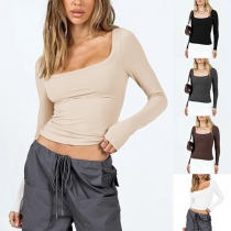 Casual Style Solid Color 3/4 Sleeve Round Neck Slim-fitting Tops