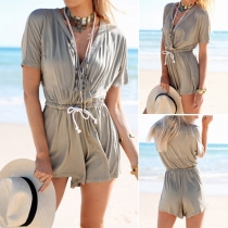 Fashion Solid Color Short Sleeve V-neck Elastic Waist Rompers