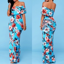 Sexy Flouncing Boat Neck Printed Maxi Dress