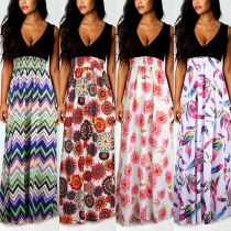 Sexy Deep V-neck Sleeveless Printed Gathered Waist Maxi Dress
