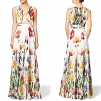 Elegant V-neck Sleeveless Printed Gathered Waist Maxi Dress