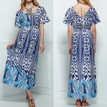 Sexy Printed V-neck Short Sleeve Gathered Waist Maxi Dress