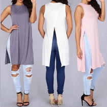 Fashion Solid Color Round Neck Sleeveless Irregular Hem Tops
