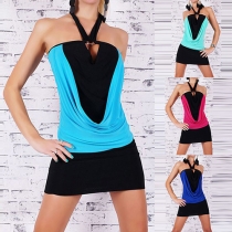 Sexy Colors Spliced Draped Strapless Backless Halter Dress