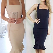 Sexy Solid Color Ruffle Sleeveless Backless Sling Bodycon Dress