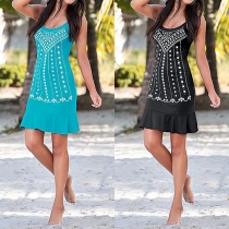 Fashion Printed Round Neck Sleeveless Backless Sling Dress