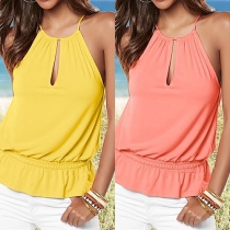 Fashion Solid Color Front Keyhole Sleeveless Elastic Waist T-shirt