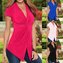 Fashion Style V-Neckline Short Sleeves Slit Hem Twisted Front Top